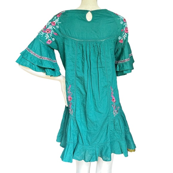 Free People Green Embroidered 3/4 Bell Sleeve Babydoll Boho Mini Dress Small - Picture 5 of 13